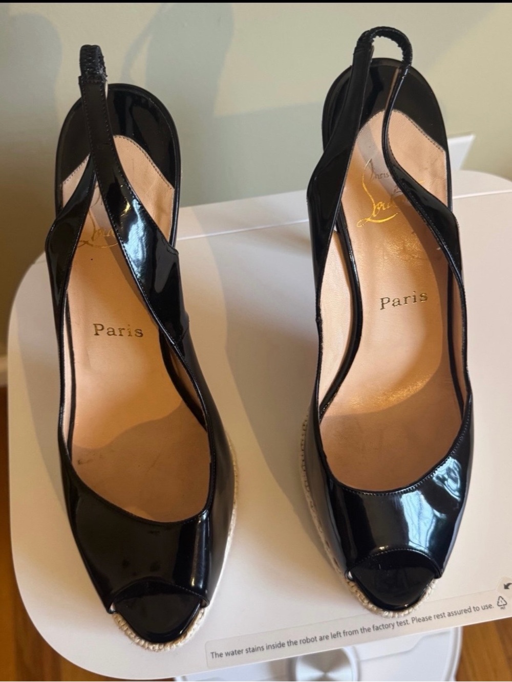CHRISTIAN LOUBOUTIN  PATENT LEATHER BLACK SLING BACK RAFFIA HEEL SZ 40 1/2